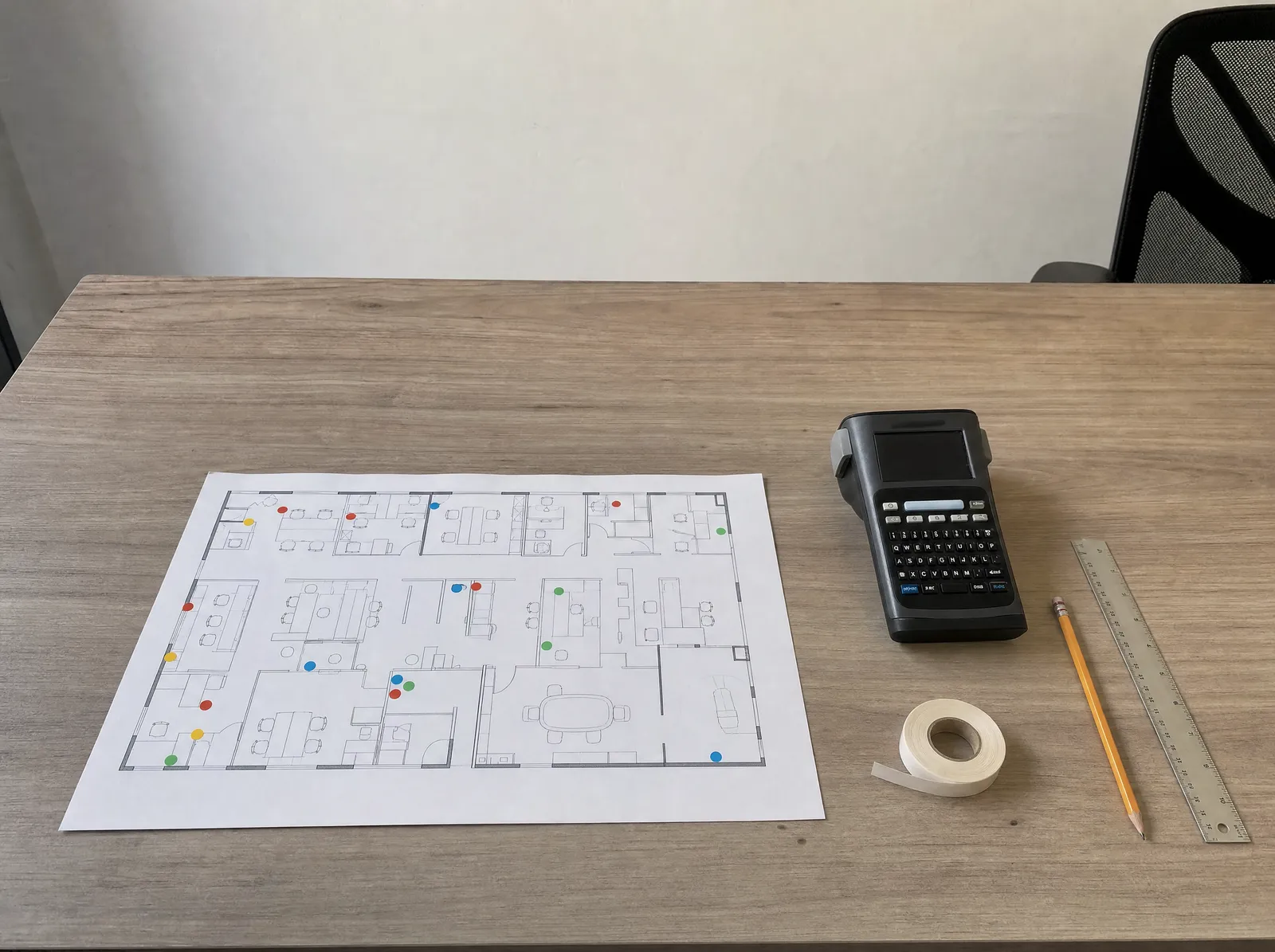 Plano impreso de una oficina con puntos de color, una etiquetadora y un rollo de etiquetas