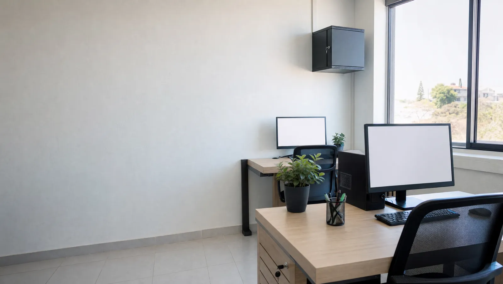 Recepción de una oficina pequeña con dos computadoras encendidas y un gabinete de red en la pared