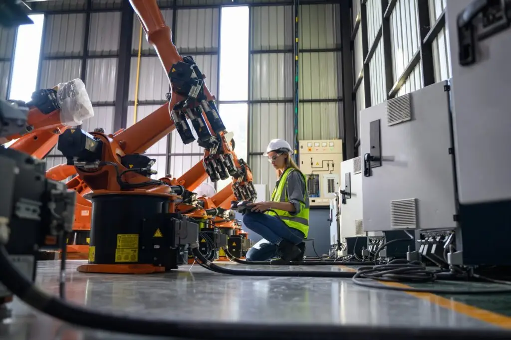 Maintenance engineer worker working with robotic machine automation
