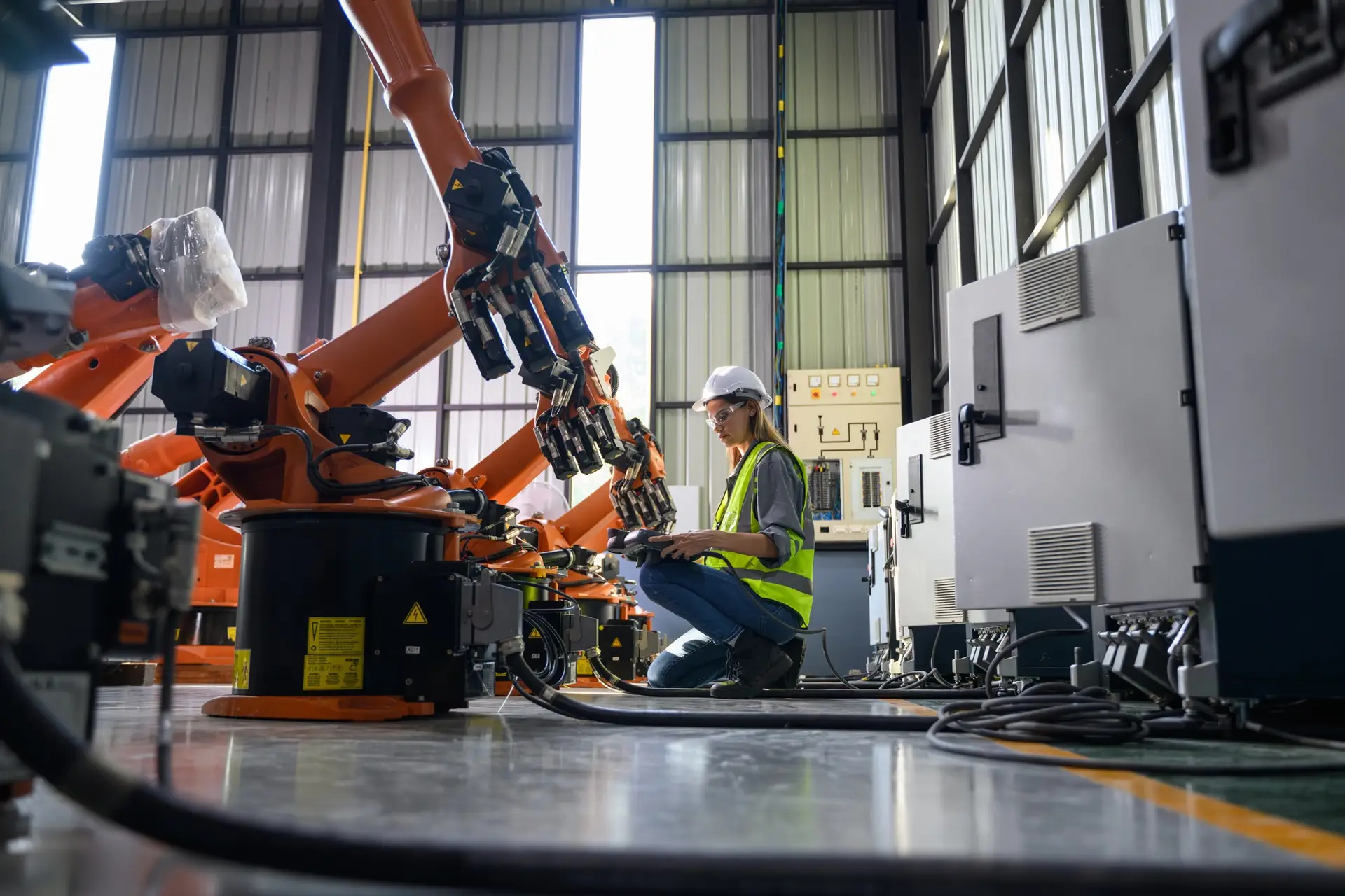 Maintenance engineer worker working with robotic machine automation